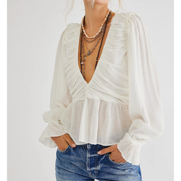 Free People Tops - FREE PEOPLE Blouse M Daia Top Babydoll Peplum Balloon Sleeve Back Surplice Ivory